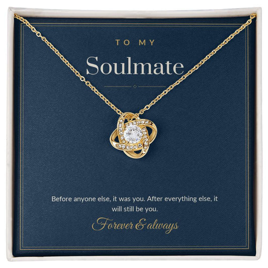 Love Knot necklace, 18k yellow gold, on a keepsake card for Soulmate, in a standard gift box