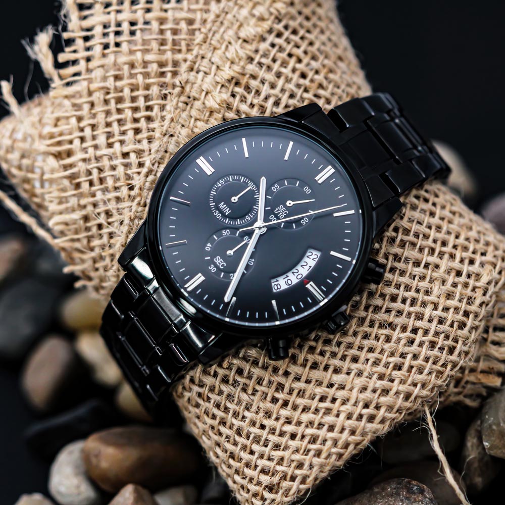 Black Chronograph Watch with Engraving, view 4