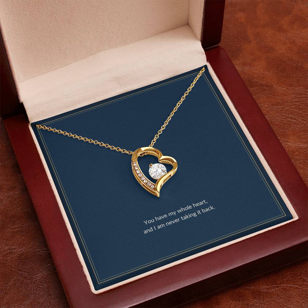 Forever Love necklace, 18k yellow gold, on a keepsake card for Girlfriend, in a luxury wooden box (view 3)