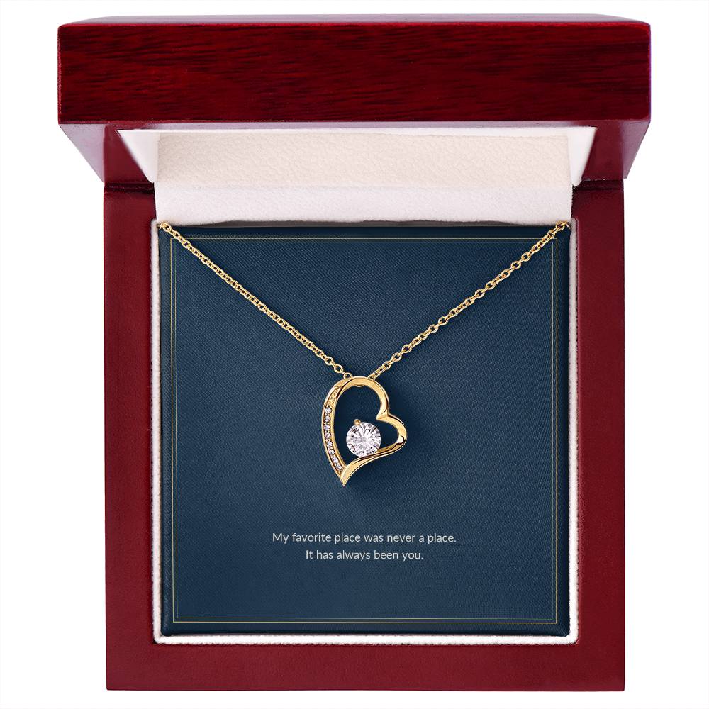 Forever Love necklace, 18k yellow gold, on a keepsake card for Girlfriend, in a luxury wooden box (view 1)