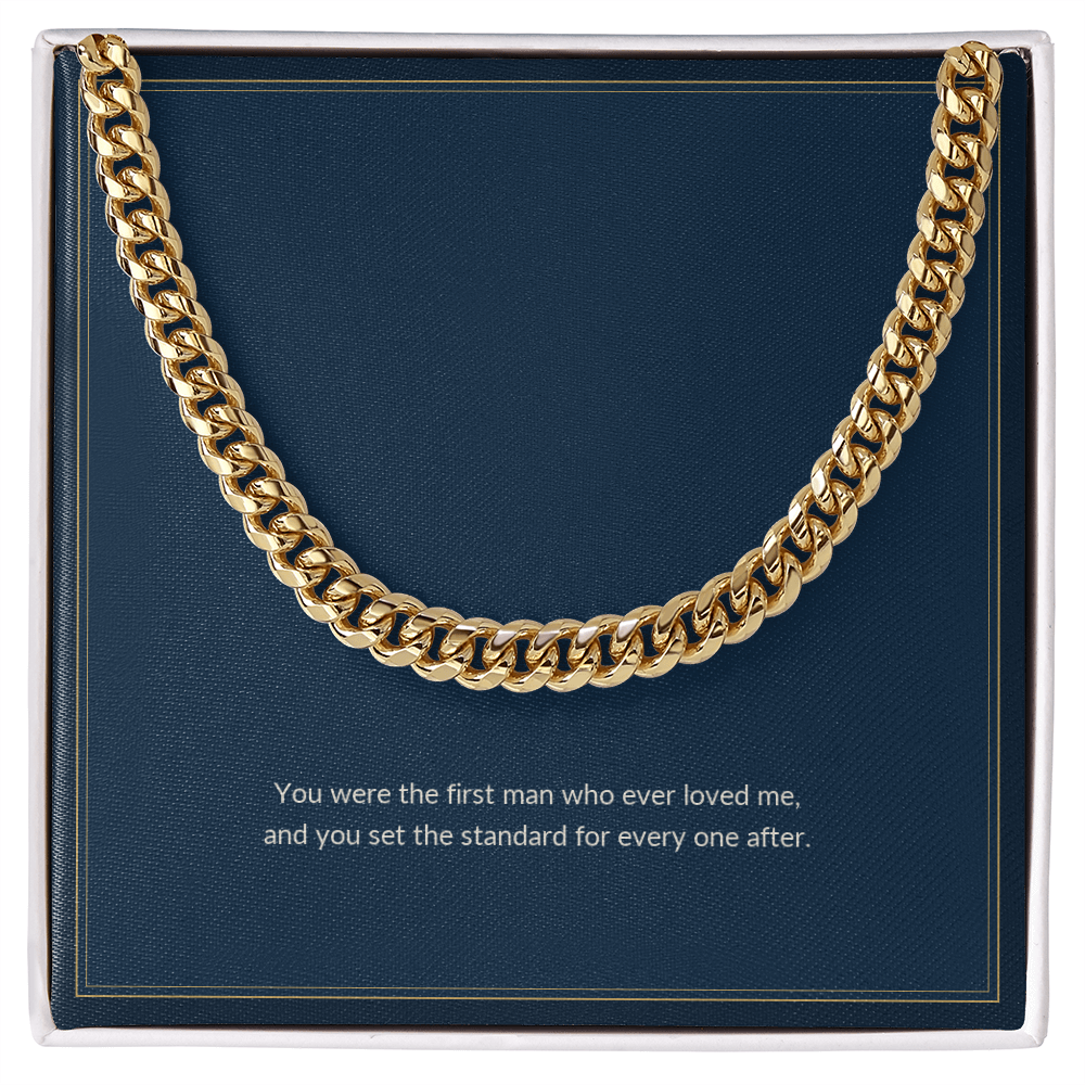 Cuban Link necklace, 18k yellow gold, on a keepsake card for Dad, in a standard gift box (view 1)