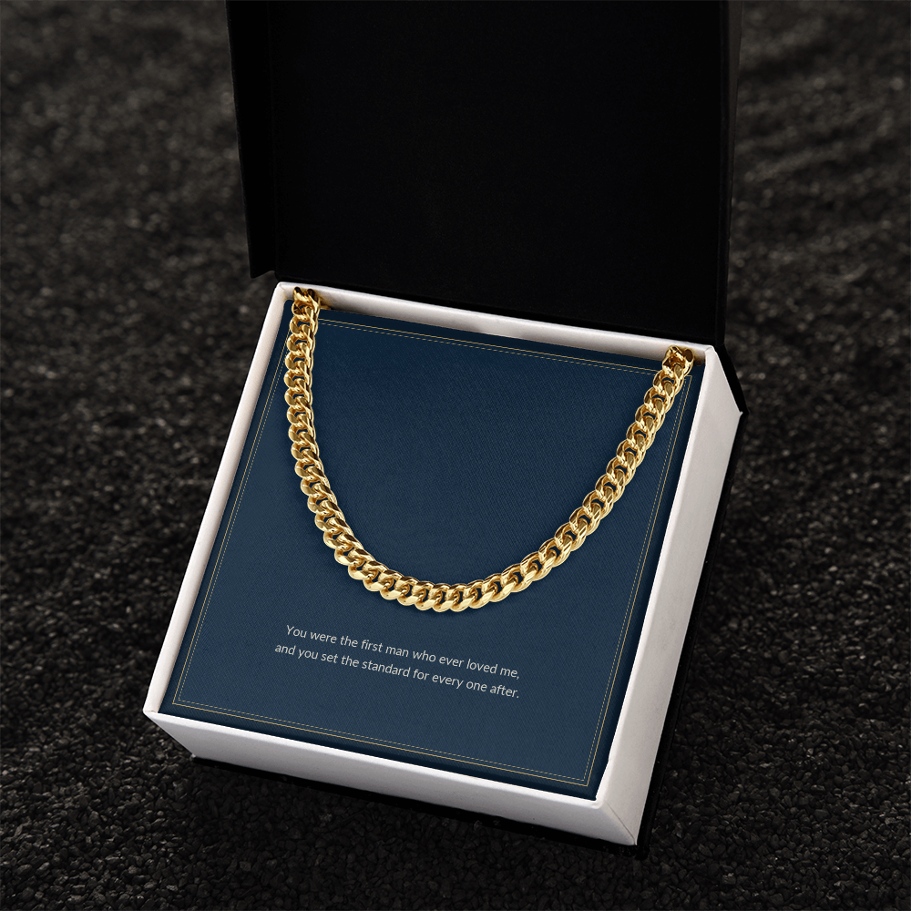 Cuban Link necklace, 18k yellow gold, on a keepsake card for Dad, in a standard gift box (view 2)