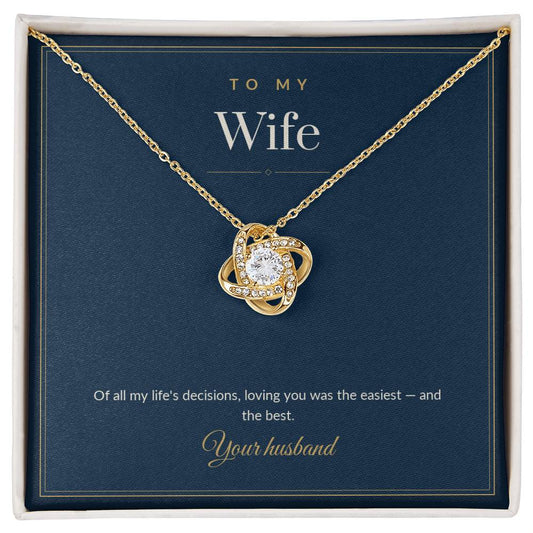 Love Knot necklace, 18k yellow gold, on a keepsake card for Wife, in a standard gift box