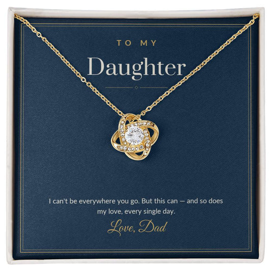 Love Knot necklace, 18k yellow gold, on a keepsake card for Daughter, in a standard gift box