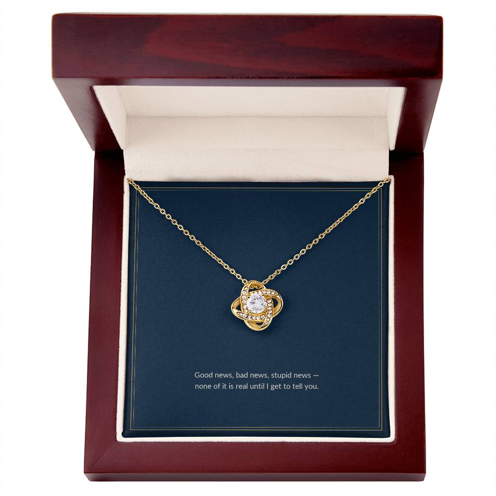 Love Knot necklace, 18k yellow gold, on a keepsake card for Girlfriend, in a luxury wooden box (view 1)