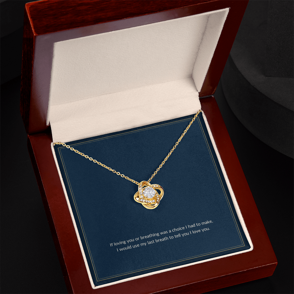 Love Knot necklace, 18k yellow gold, on a keepsake card for Daughter, in a luxury wooden box (view 2)
