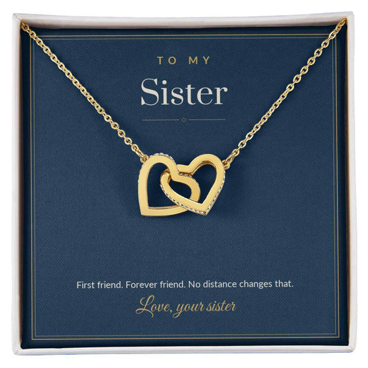 Interlocking Hearts necklace, 18k yellow gold, on a keepsake card for Sister, in a standard gift box (view 1)