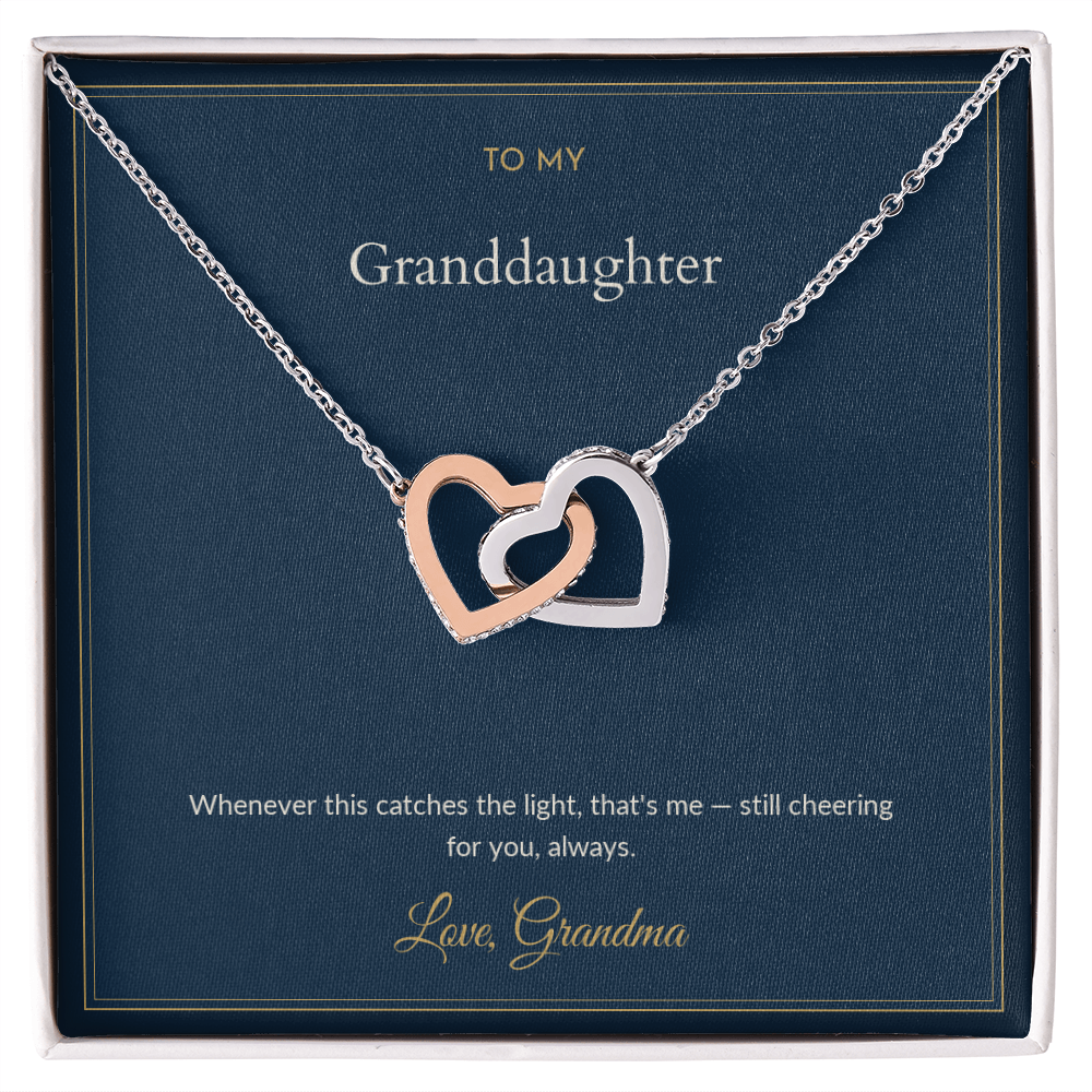 Interlocking Hearts necklace, 14k white gold, on a keepsake card for Granddaughter, in a standard gift box