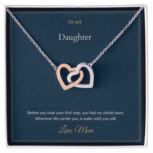 Interlocking Hearts necklace, 14k white gold, on a keepsake card for Daughter, in a standard gift box