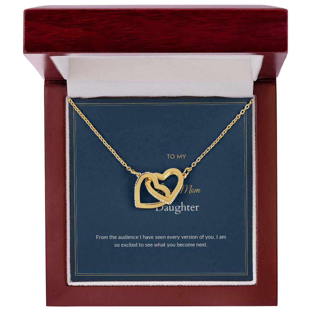 Interlocking Hearts necklace, 18k yellow gold, on a keepsake card for Daughter, in a luxury wooden box (view 1)