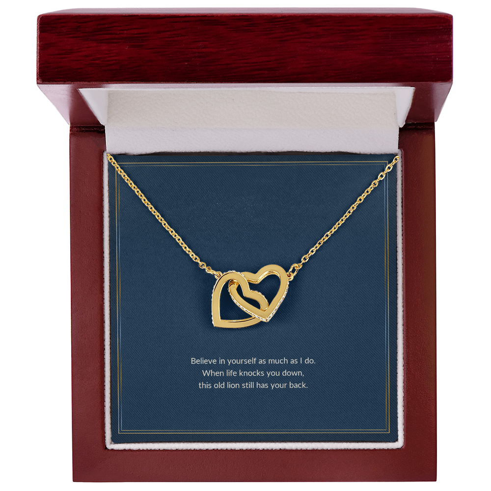 Interlocking Hearts necklace, 18k yellow gold, on a keepsake card for Daughter, in a luxury wooden box (view 1)