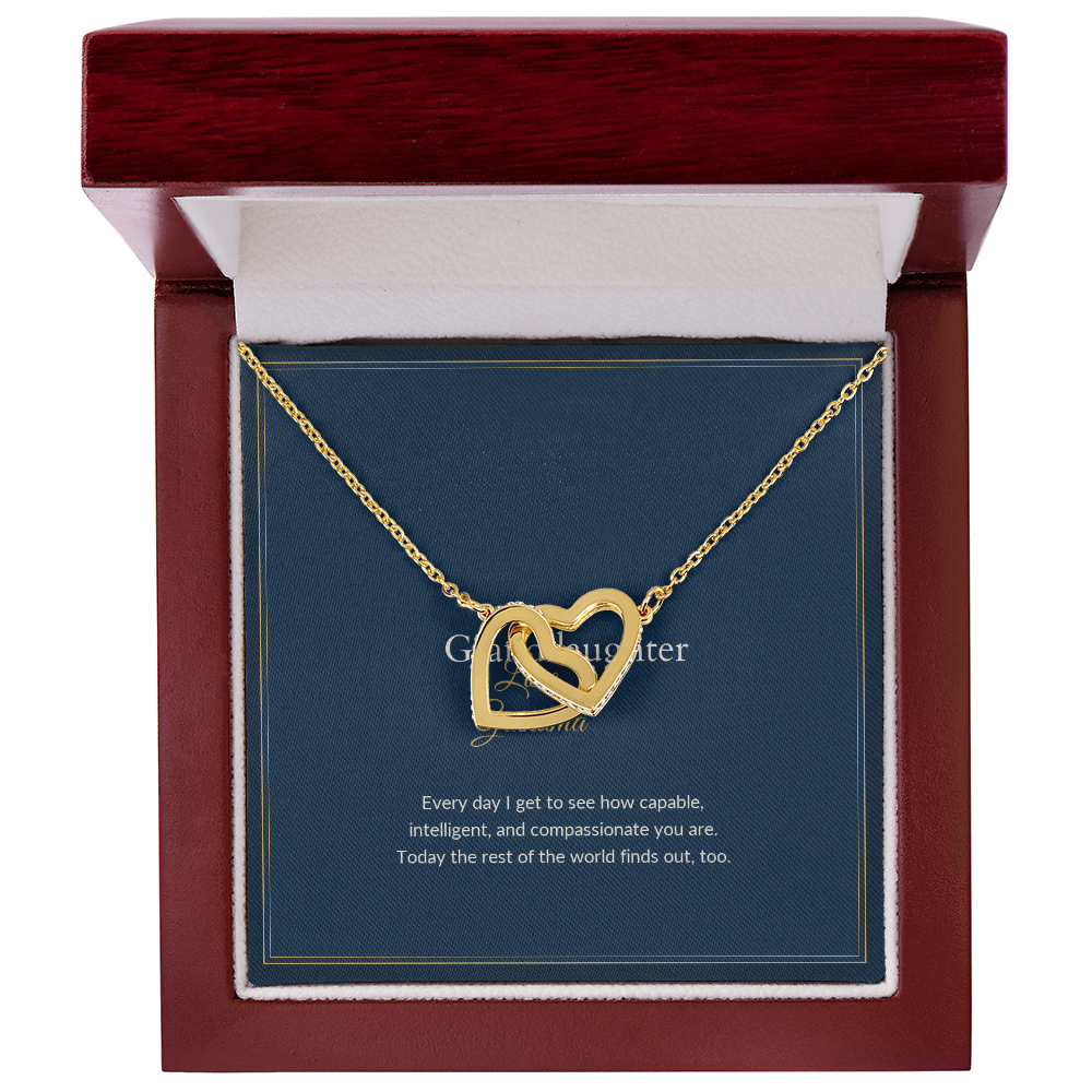 Interlocking Hearts necklace, 18k yellow gold, on a keepsake card for Granddaughter, in a luxury wooden box (view 1)