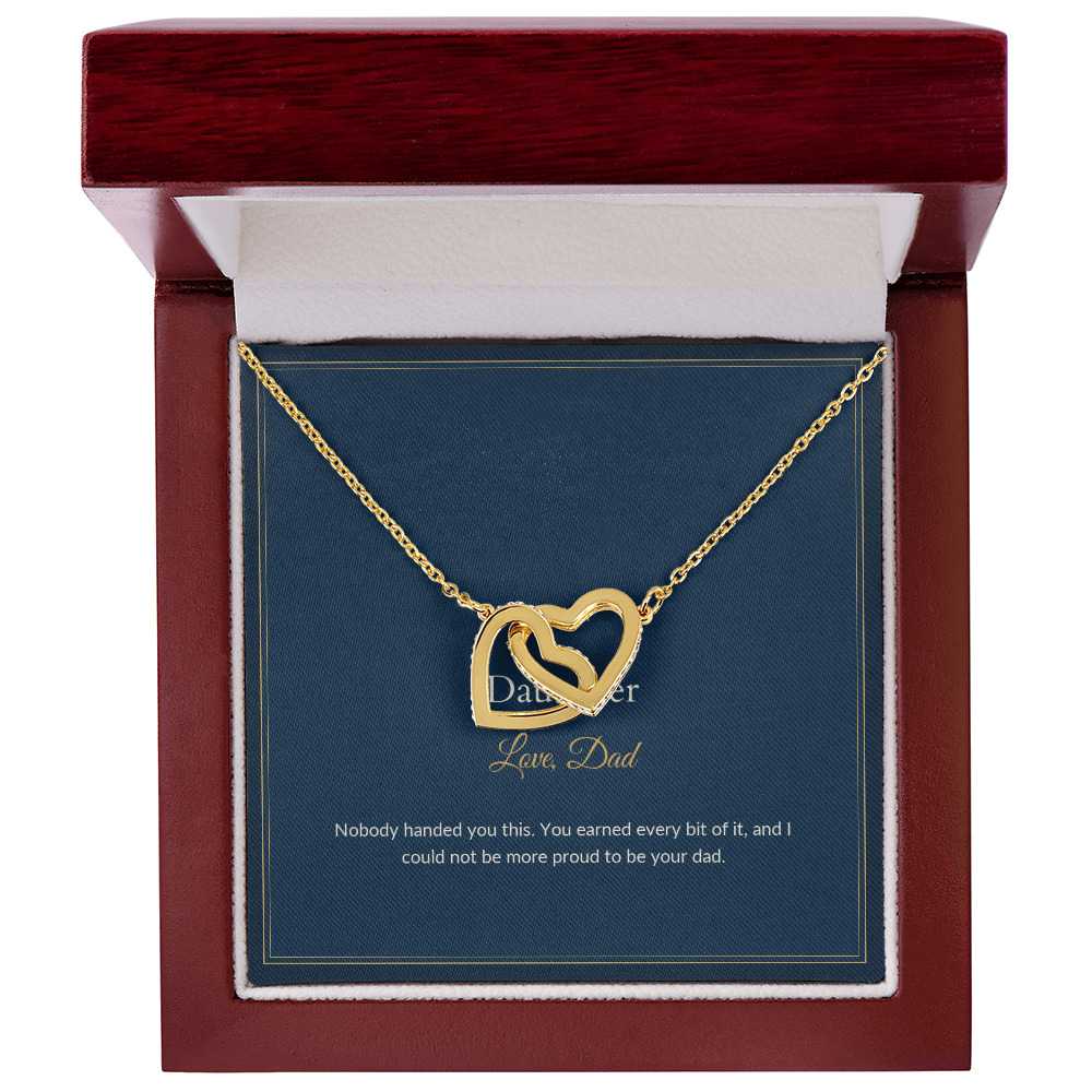 Interlocking Hearts necklace, 18k yellow gold, on a keepsake card for Daughter, in a luxury wooden box (view 1)