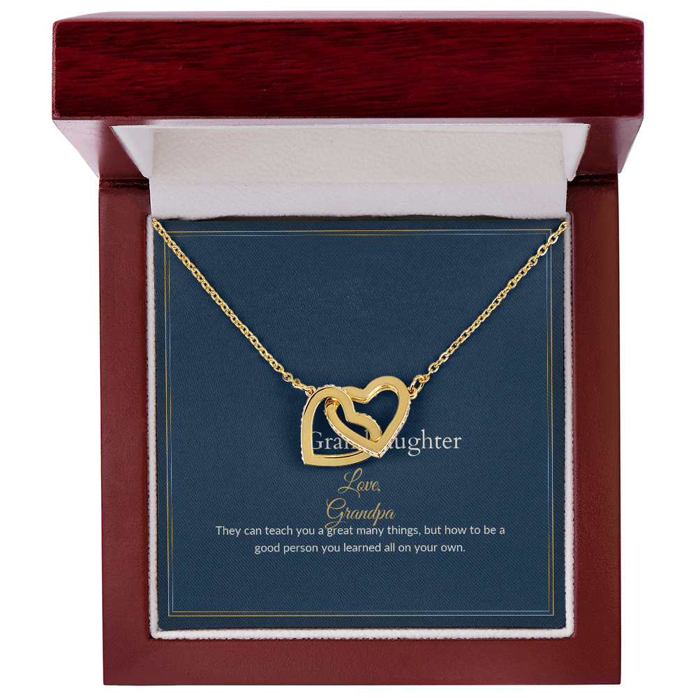 Interlocking Hearts necklace, 18k yellow gold, on a keepsake card for Granddaughter, in a luxury wooden box (view 1)