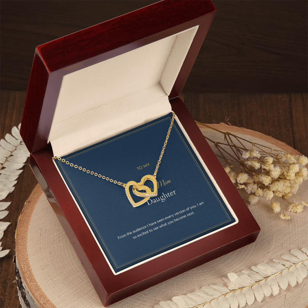 Interlocking Hearts necklace, 18k yellow gold, on a keepsake card for Daughter, in a luxury wooden box (view 2)