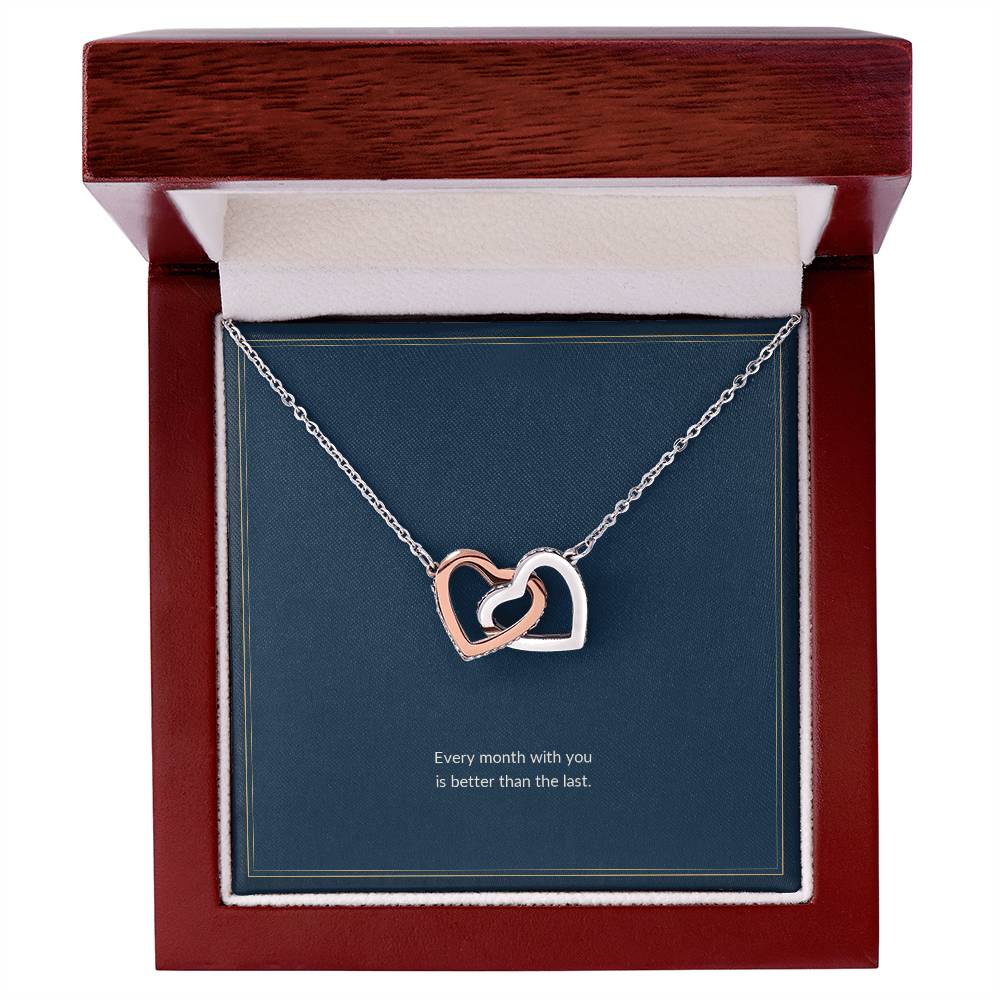 Interlocking Hearts necklace, 14k white gold, on a keepsake card for Girlfriend, in a luxury wooden box (view 1)