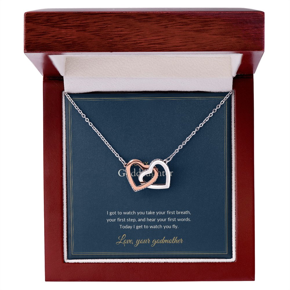 Interlocking Hearts necklace, 14k white gold, on a keepsake card for Goddaughter, in a luxury wooden box (view 1)