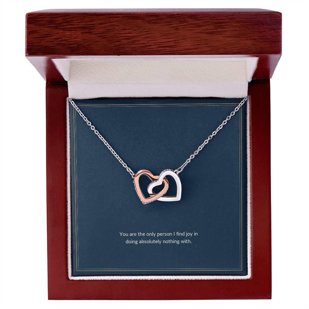 Interlocking Hearts necklace, 14k white gold, on a keepsake card for Girlfriend, in a luxury wooden box (view 1)