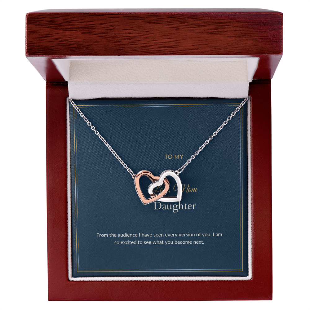 Interlocking Hearts necklace, 14k white gold, on a keepsake card for Daughter, in a luxury wooden box (view 1)