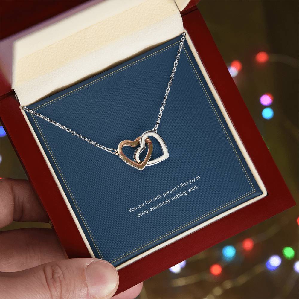 Interlocking Hearts necklace, 14k white gold, on a keepsake card for Girlfriend, in a luxury wooden box (view 2)