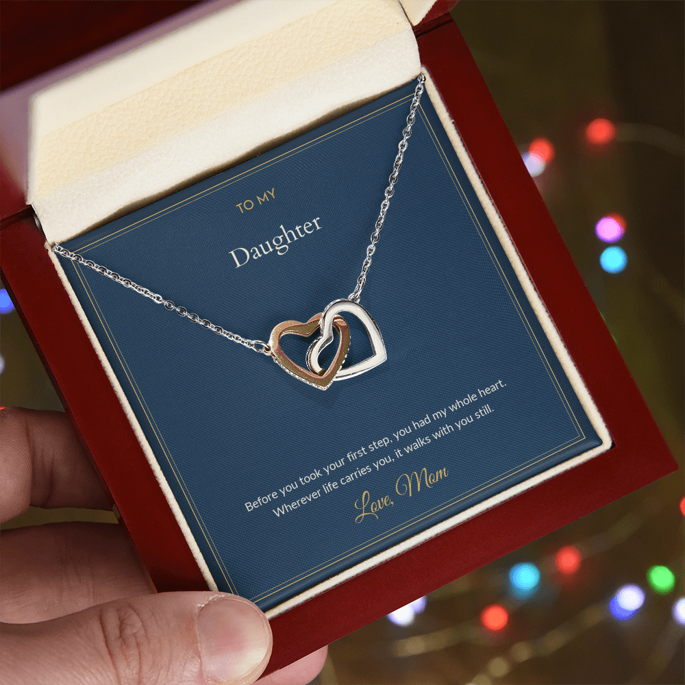 Interlocking Hearts necklace, 14k white gold, on a keepsake card for Daughter, in a luxury wooden box (view 2)