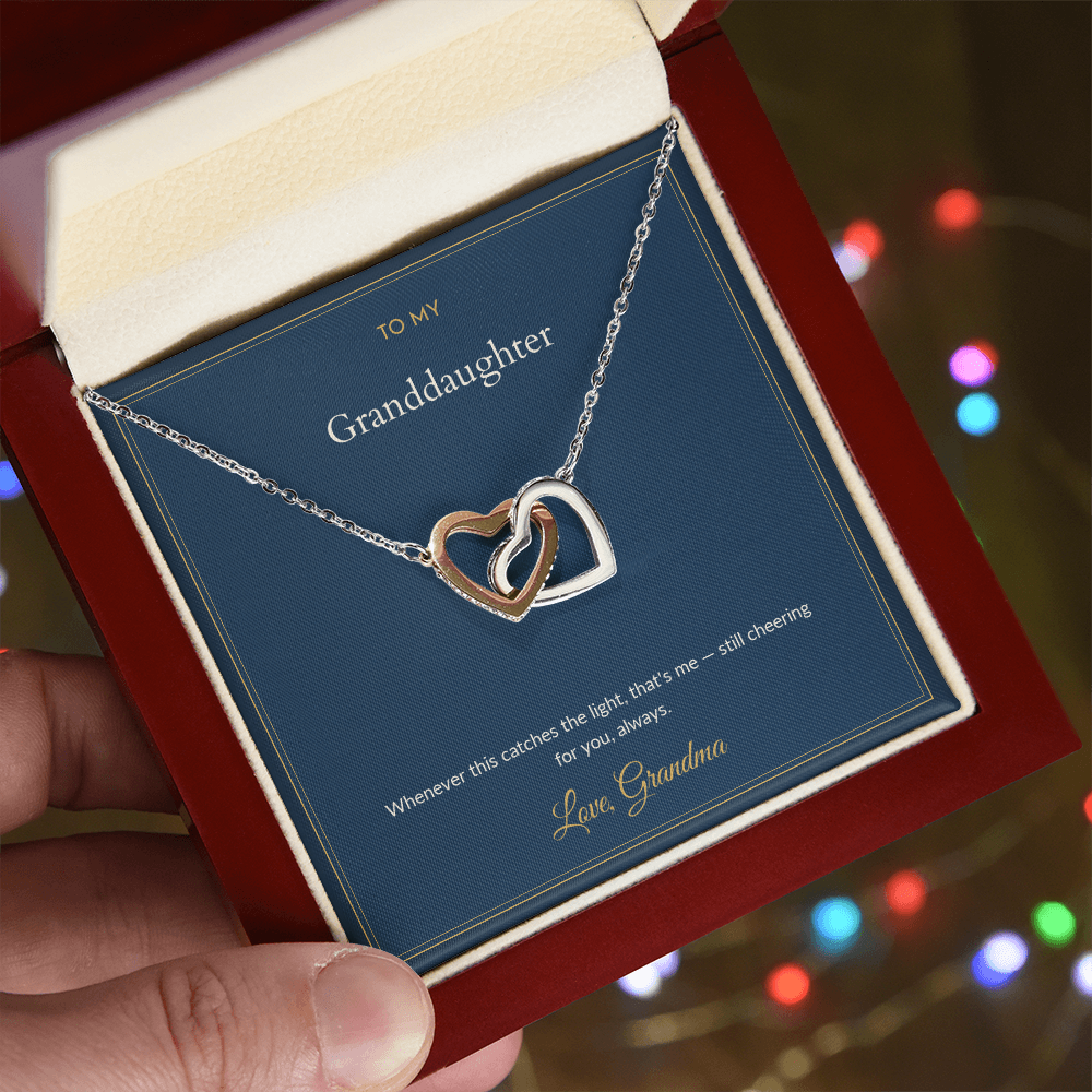 Interlocking Hearts necklace, 14k white gold, on a keepsake card for Granddaughter, in a luxury wooden box (view 2)