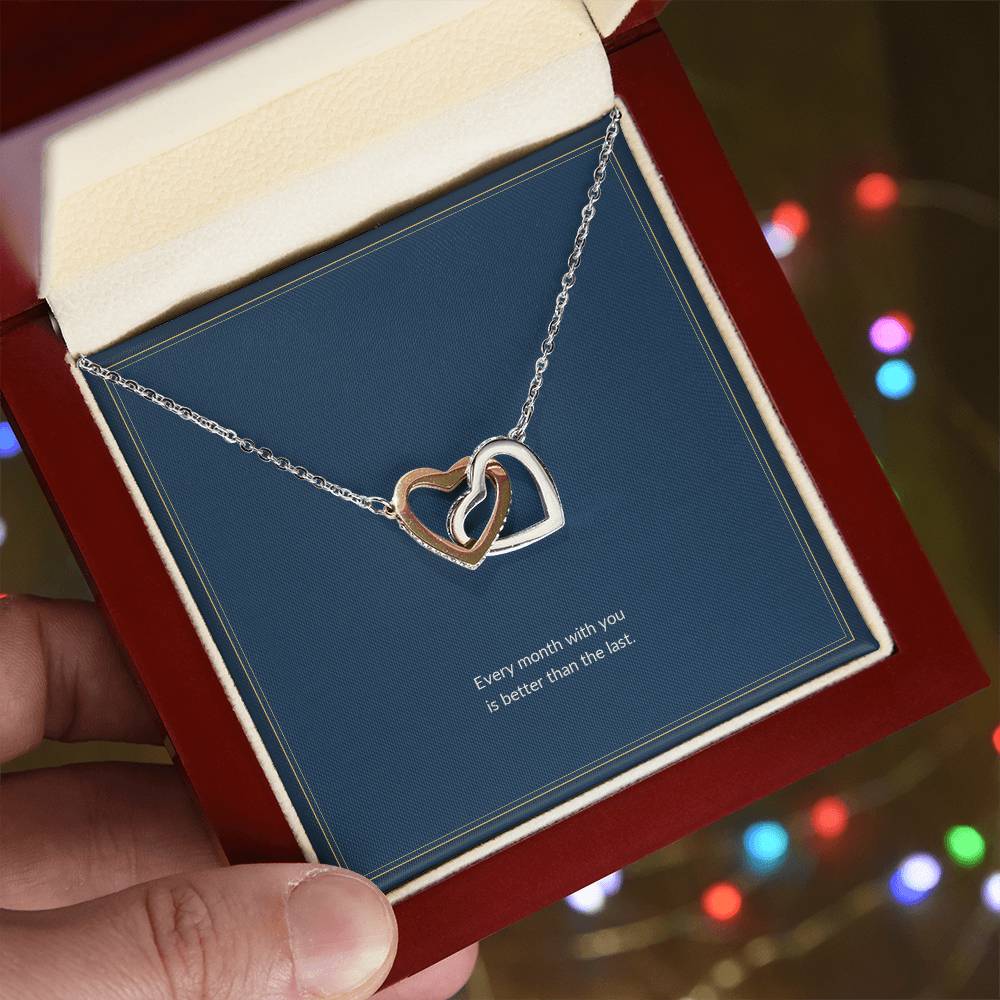 Interlocking Hearts necklace, 14k white gold, on a keepsake card for Girlfriend, in a luxury wooden box (view 2)