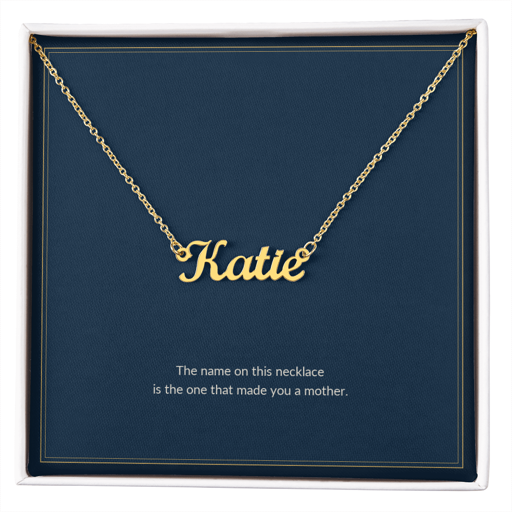 Custom Name necklace, 18k yellow gold, on a keepsake card, in a standard gift box (view 1)