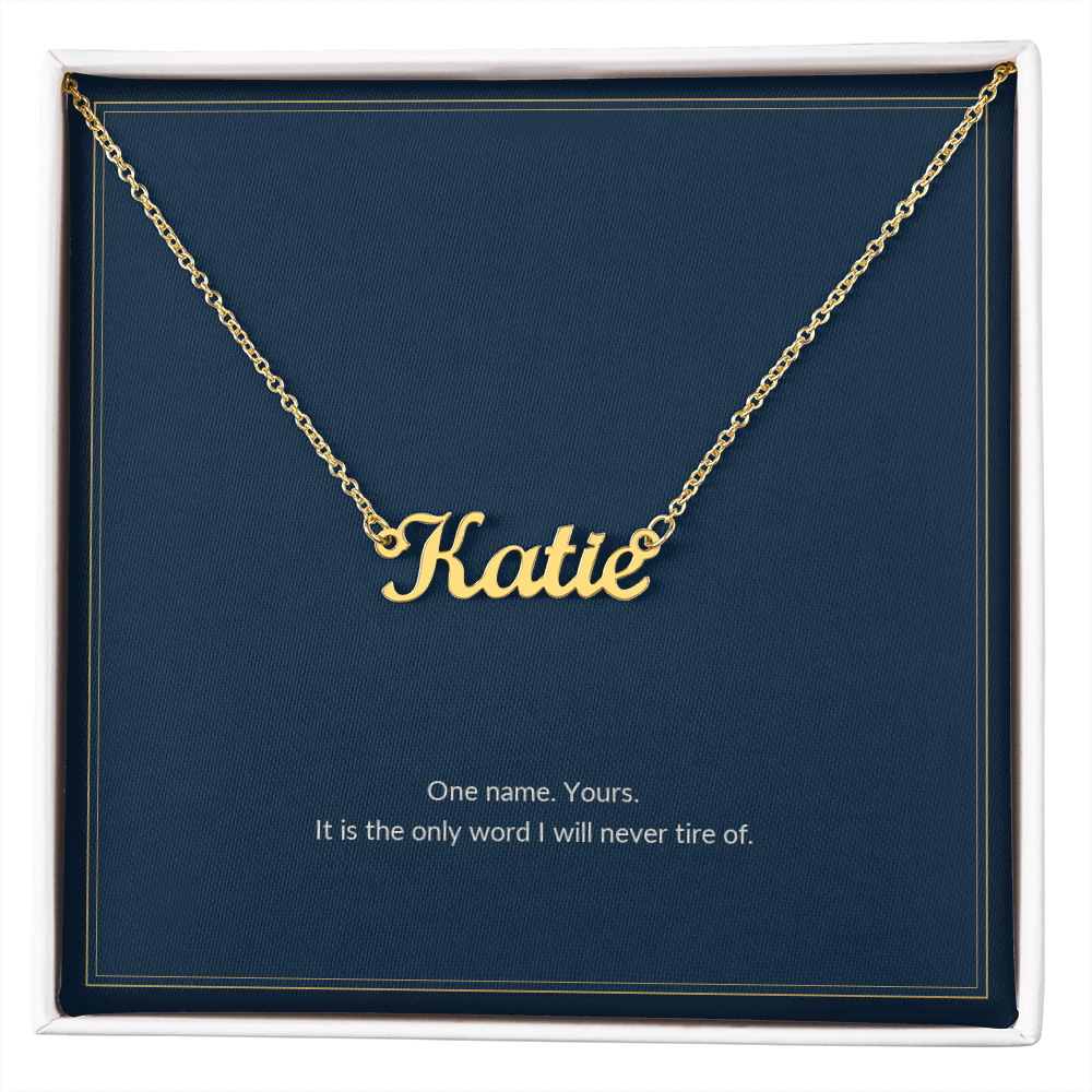 Custom Name necklace, 18k yellow gold, on a keepsake card for Girlfriend, in a standard gift box (view 1)