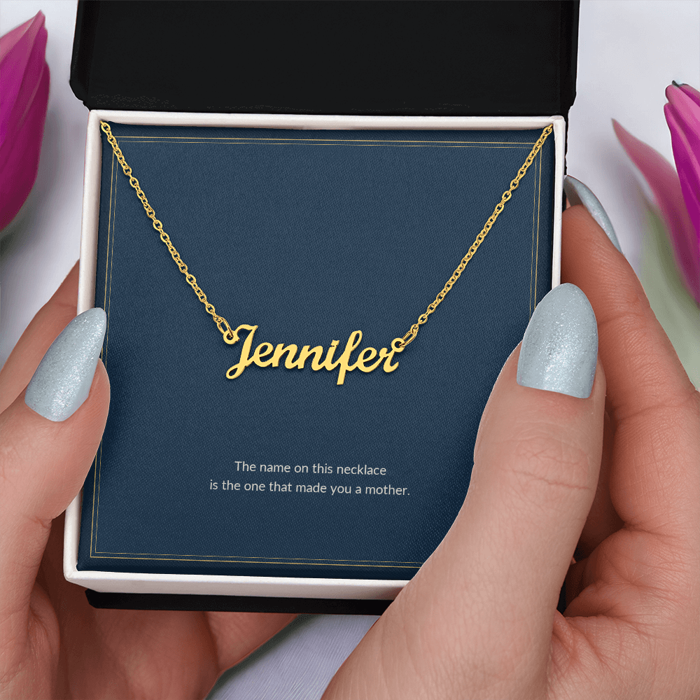 Custom Name necklace, 18k yellow gold, on a keepsake card, in a standard gift box (view 2)
