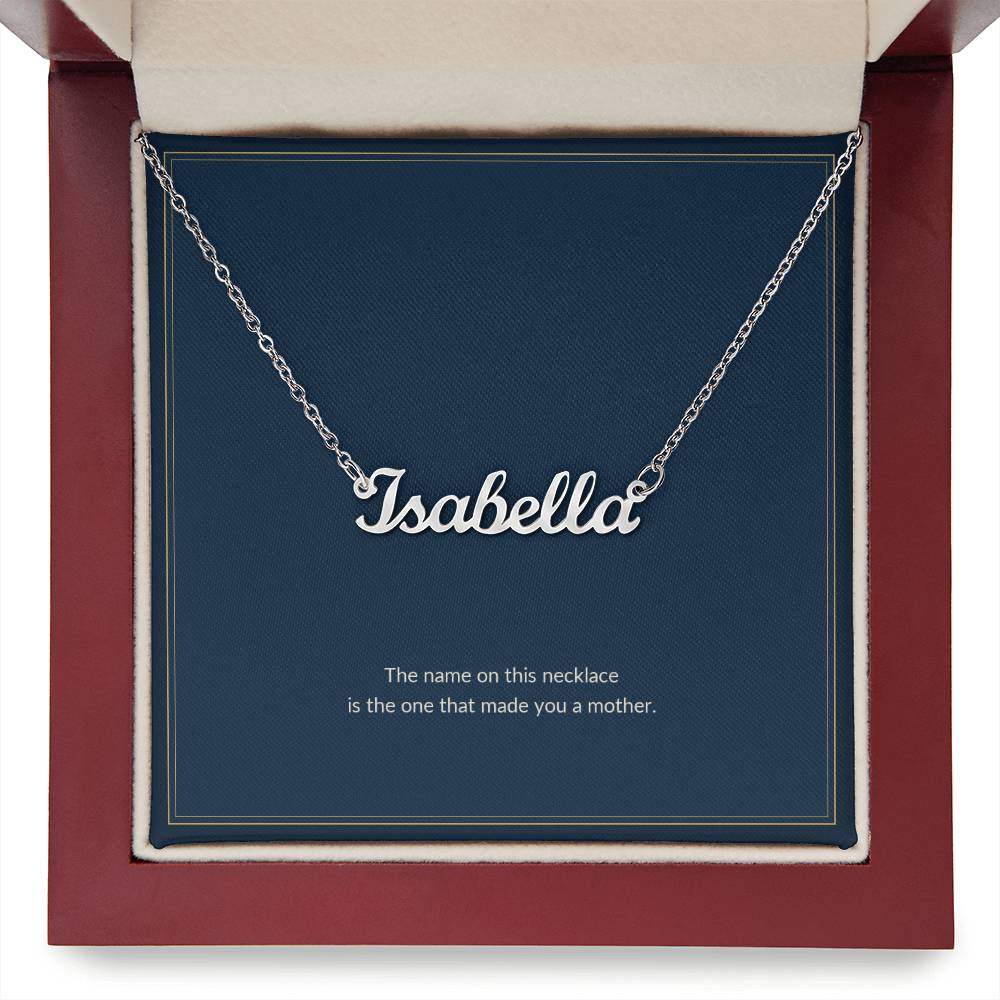Custom Name necklace, polished stainless steel, on a keepsake card, in a luxury wooden box (view 3)