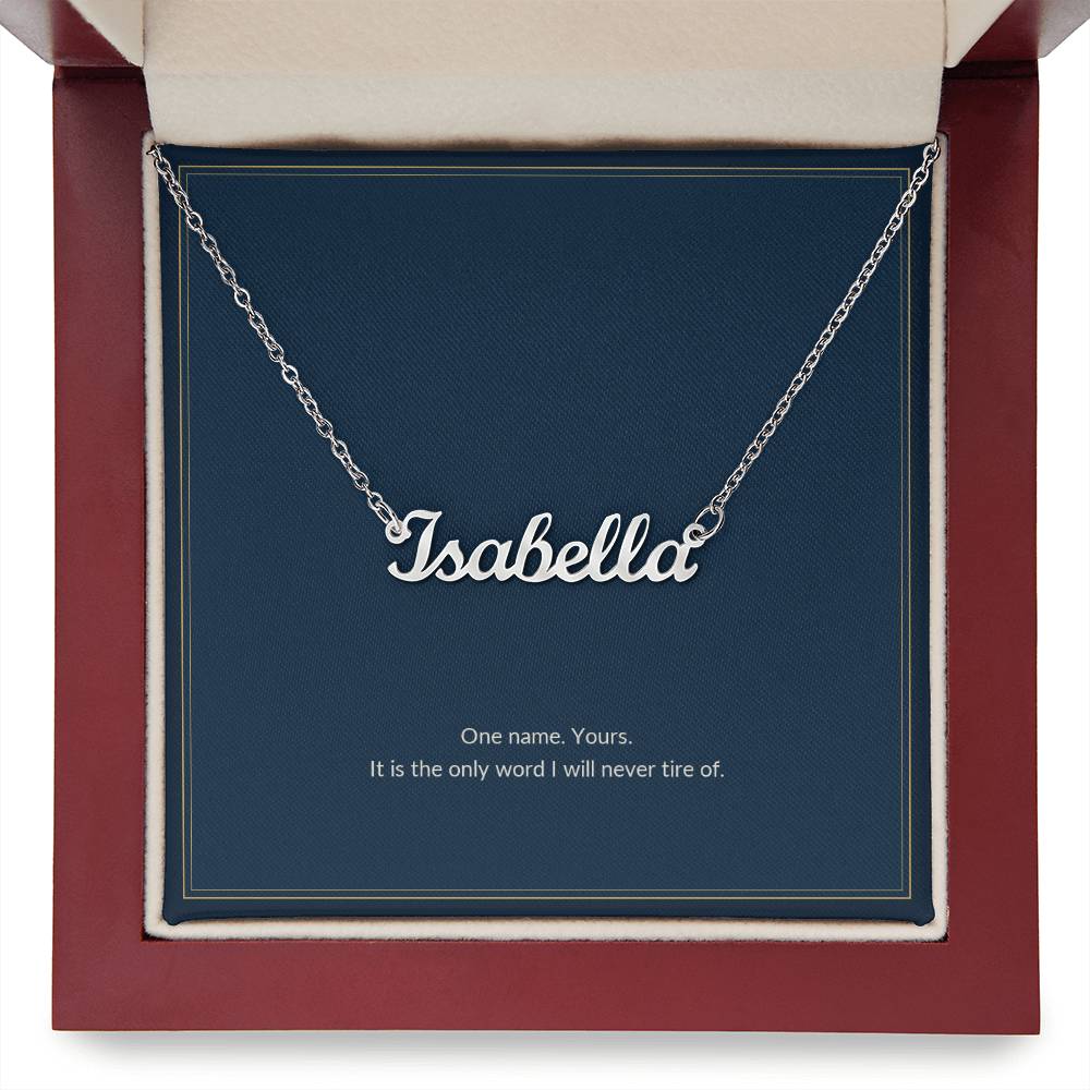 Custom Name necklace, polished stainless steel, on a keepsake card for Girlfriend, in a luxury wooden box (view 3)
