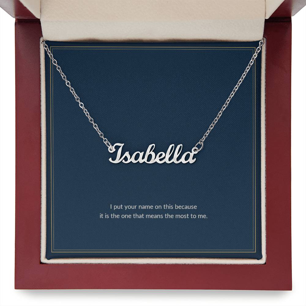 Custom Name necklace, polished stainless steel, on a keepsake card for Girlfriend, in a luxury wooden box (view 3)