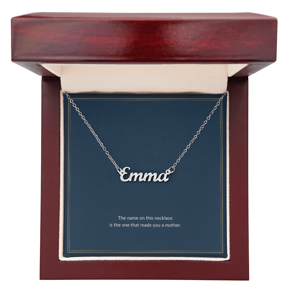 Custom Name necklace, polished stainless steel, on a keepsake card, in a luxury wooden box (view 1)