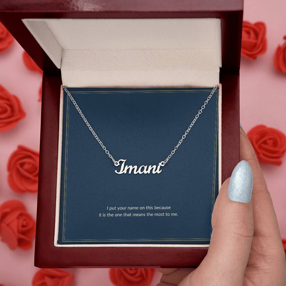 Custom Name necklace, polished stainless steel, on a keepsake card for Girlfriend, in a luxury wooden box (view 2)