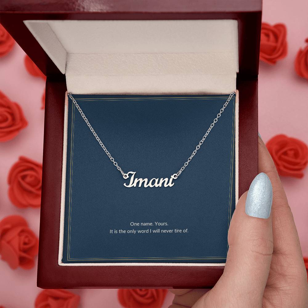 Custom Name necklace, polished stainless steel, on a keepsake card for Girlfriend, in a luxury wooden box (view 2)