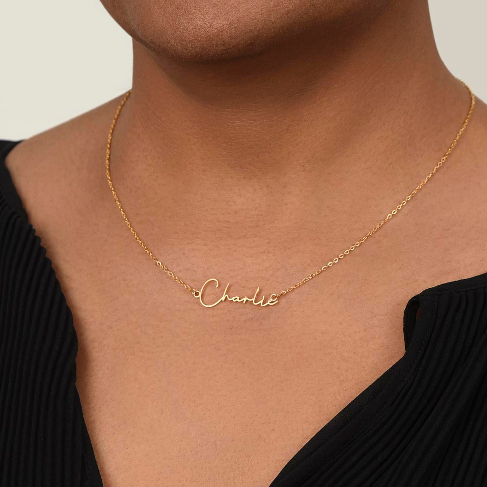 Signature Name necklace, gold finish over stainless steel, on a keepsake card for Girlfriend, in a standard gift box (view 8)
