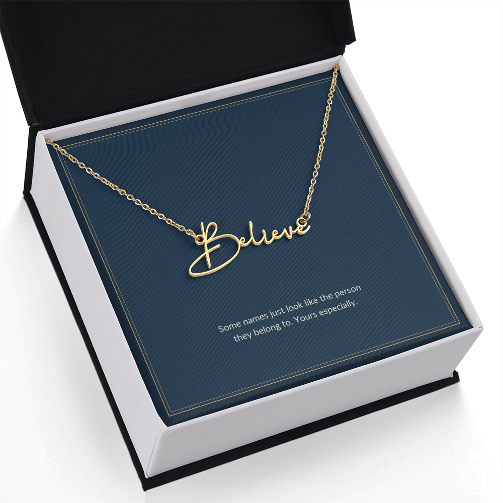 Signature Name necklace, gold finish over stainless steel, on a keepsake card for Girlfriend, in a standard gift (view 14)