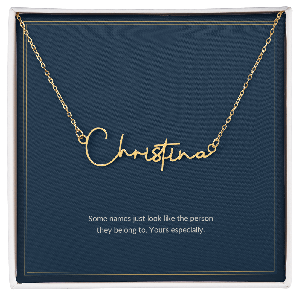 Signature Name necklace, gold finish over stainless steel, on a keepsake card for Girlfriend, in a standard gift box (view 1)