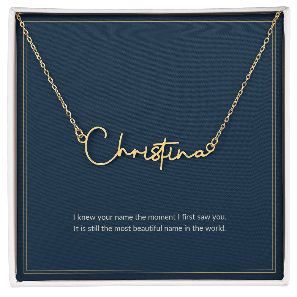 Signature Name necklace, gold finish over stainless steel, on a keepsake card for Daughter, in a standard gift box (view 1)