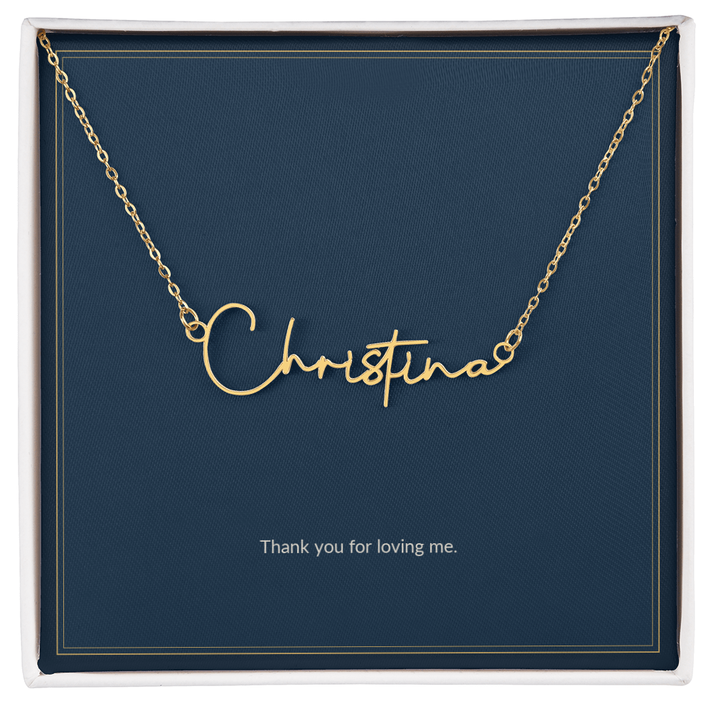 Signature Name necklace, gold finish over stainless steel, on a keepsake card for Girlfriend, in a standard gift box (view 1)