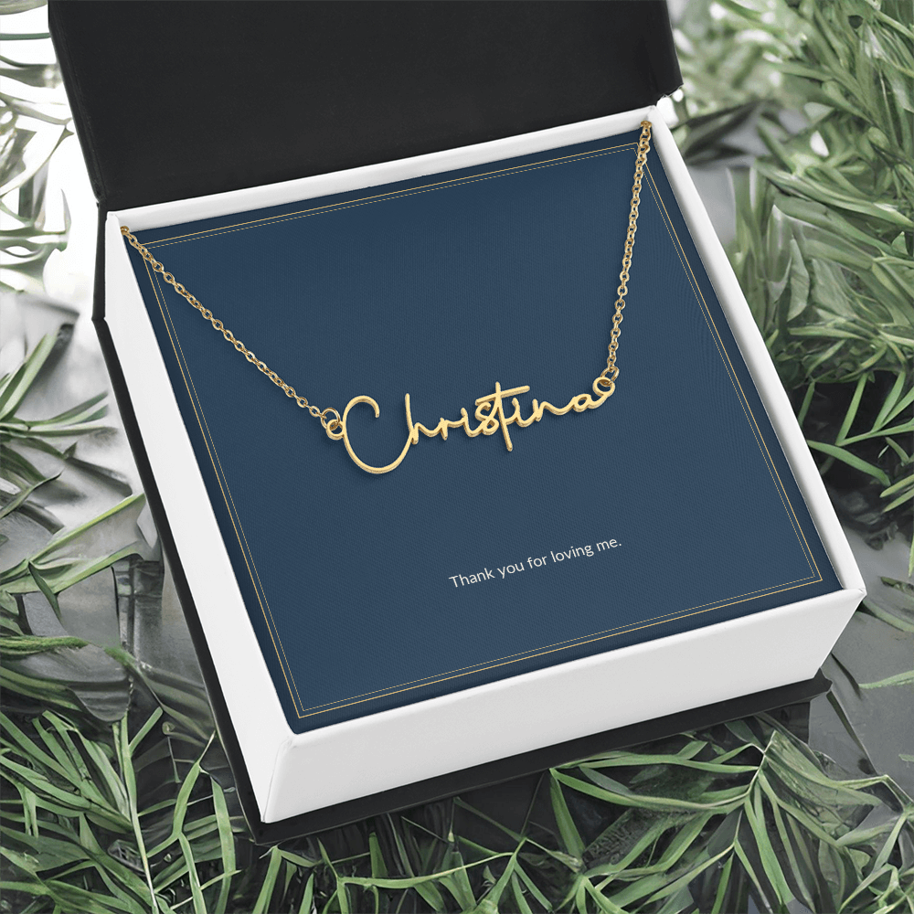 Signature Name necklace, gold finish over stainless steel, on a keepsake card for Girlfriend, in a standard gift box (view 4)