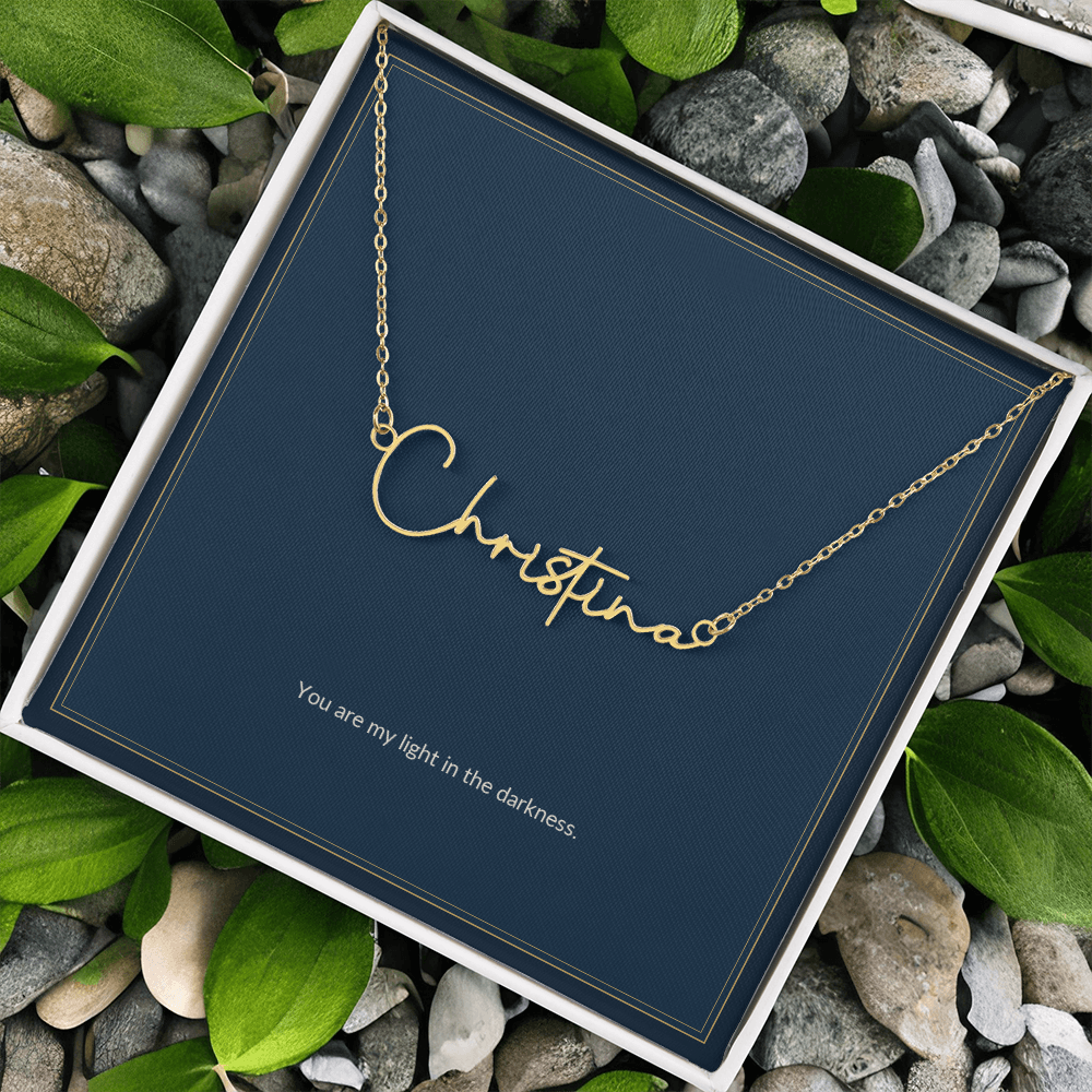 Signature Name necklace, gold finish over stainless steel, on a keepsake card for Girlfriend, in a standard gift box (view 2)