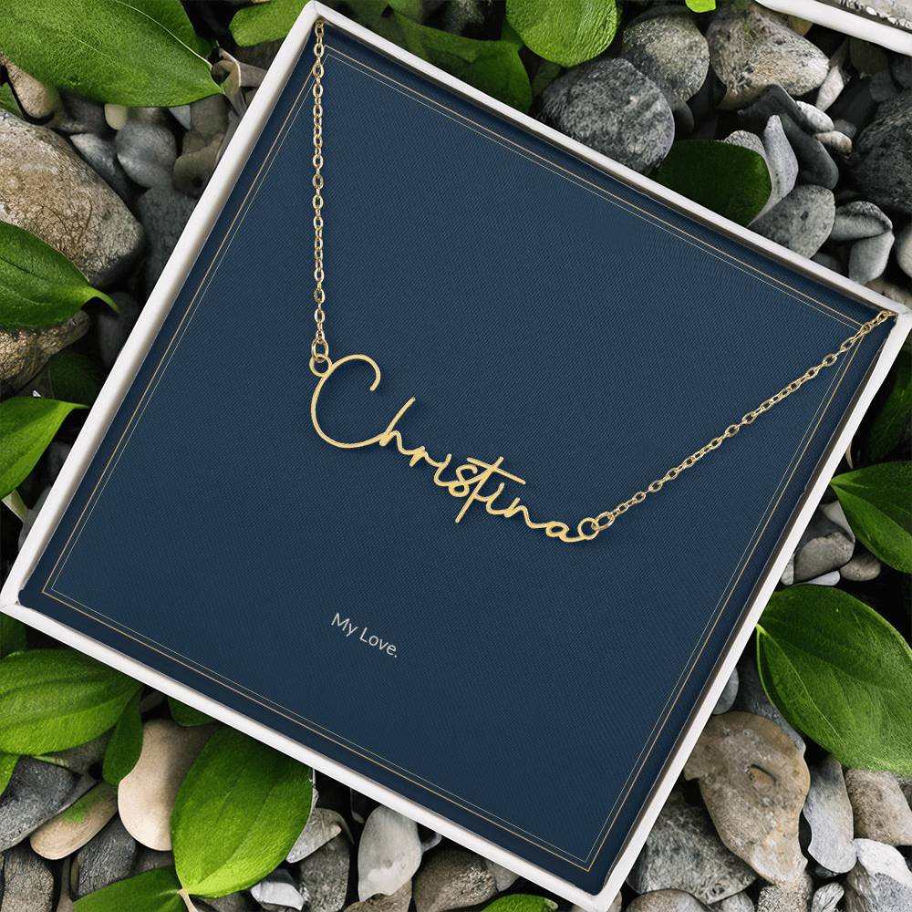 Signature Name necklace, gold finish over stainless steel, on a keepsake card for Girlfriend, in a standard gift box (view 2)