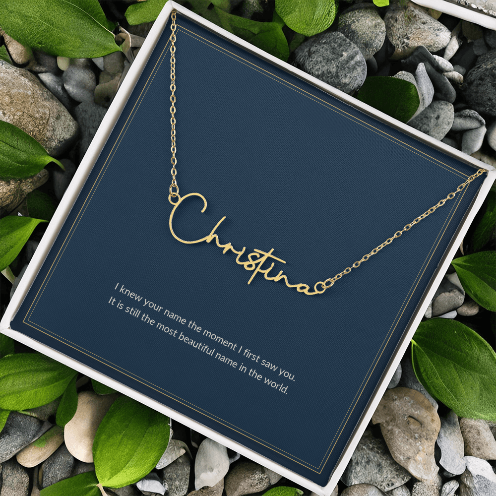 Signature Name necklace, gold finish over stainless steel, on a keepsake card for Daughter, in a standard gift box (view 2)