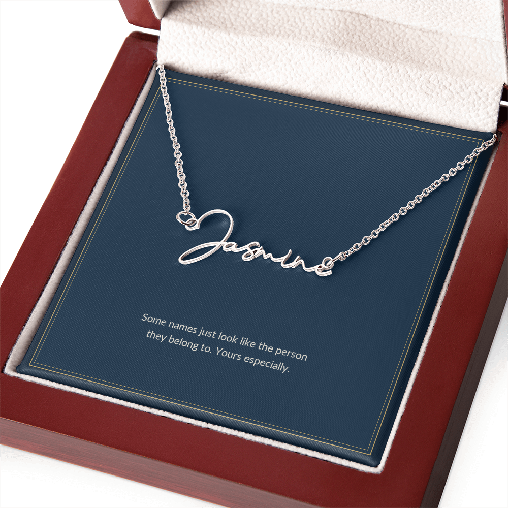 Signature Name necklace, polished stainless steel, on a keepsake card for Girlfriend, in a luxury wooden box (view 2)