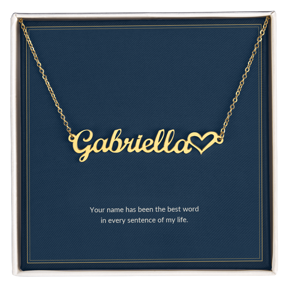 Heart Name necklace, 18k yellow gold, on a keepsake card for Wife, in a standard gift box (view 1)