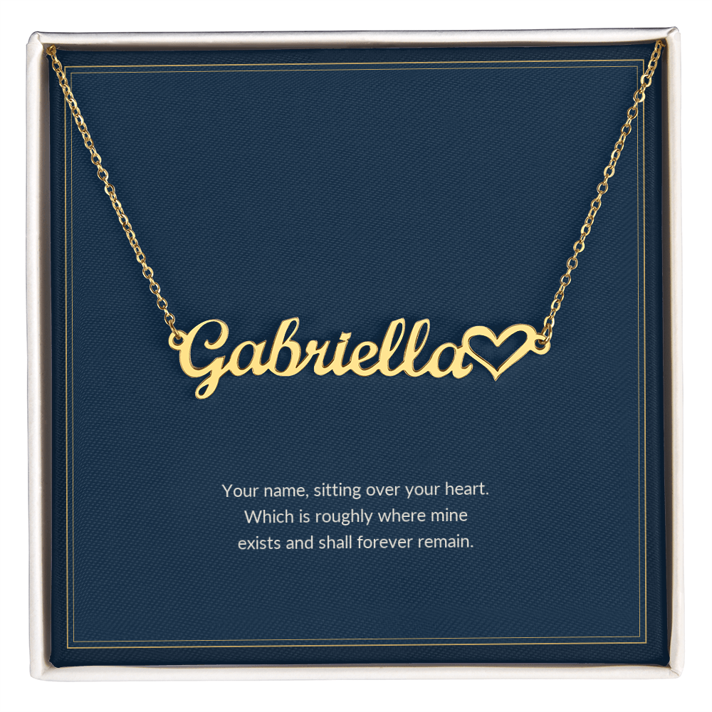 Heart Name necklace, 18k yellow gold, on a keepsake card for Girlfriend, in a standard gift box (view 1)