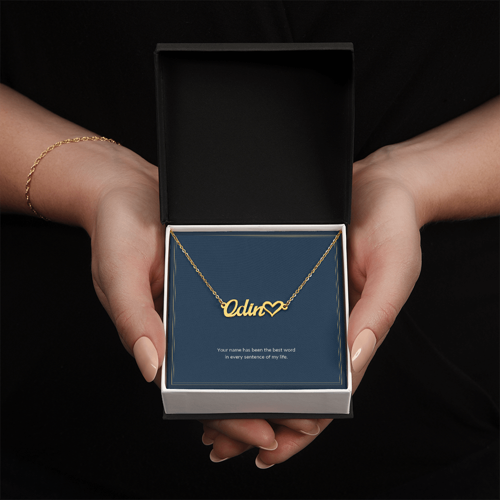 Heart Name necklace, 18k yellow gold, on a keepsake card for Wife, in a standard gift box (view 2)