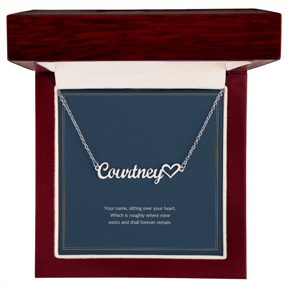 Heart Name necklace, polished stainless steel, on a keepsake card for Girlfriend, in a luxury wooden box (view 1)